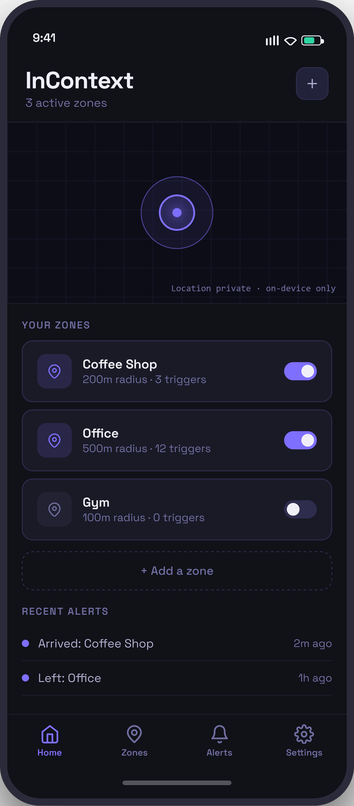 InContext app showing active location zones and recent alerts