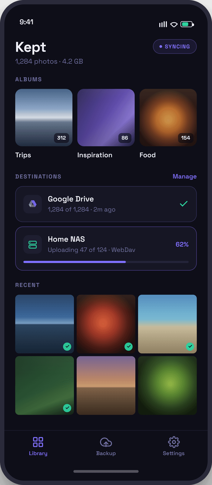 Kept app showing photo albums and sync destinations